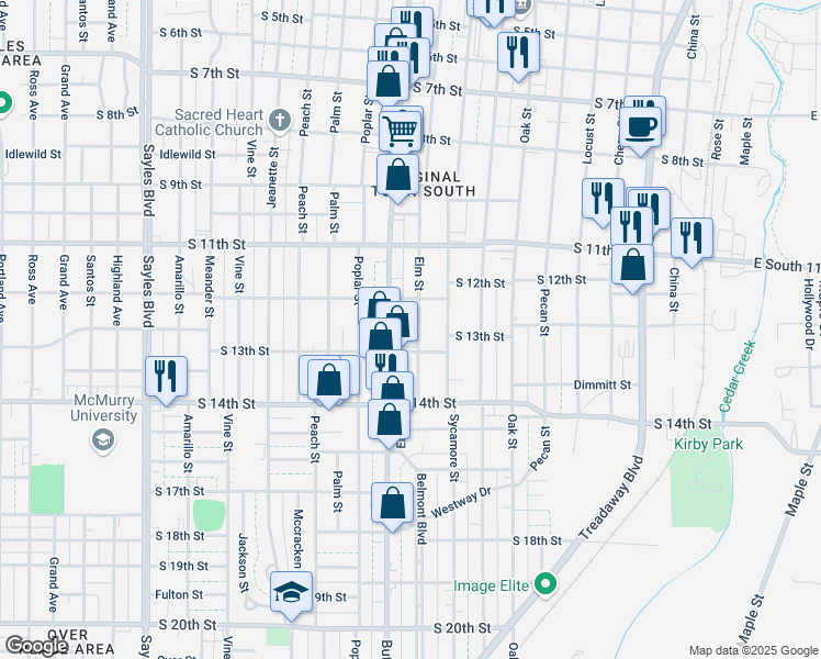 map of restaurants, bars, coffee shops, grocery stores, and more near 1258 Elm St in Abilene