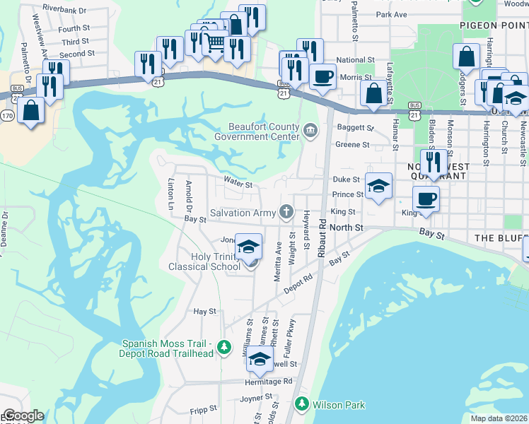 map of restaurants, bars, coffee shops, grocery stores, and more near 507 Water Street in Beaufort