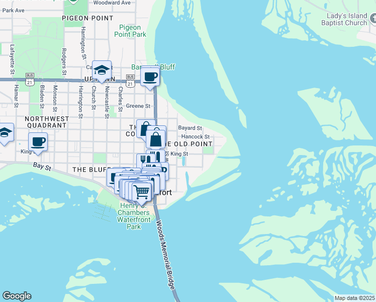 map of restaurants, bars, coffee shops, grocery stores, and more near 315 King Street in Beaufort