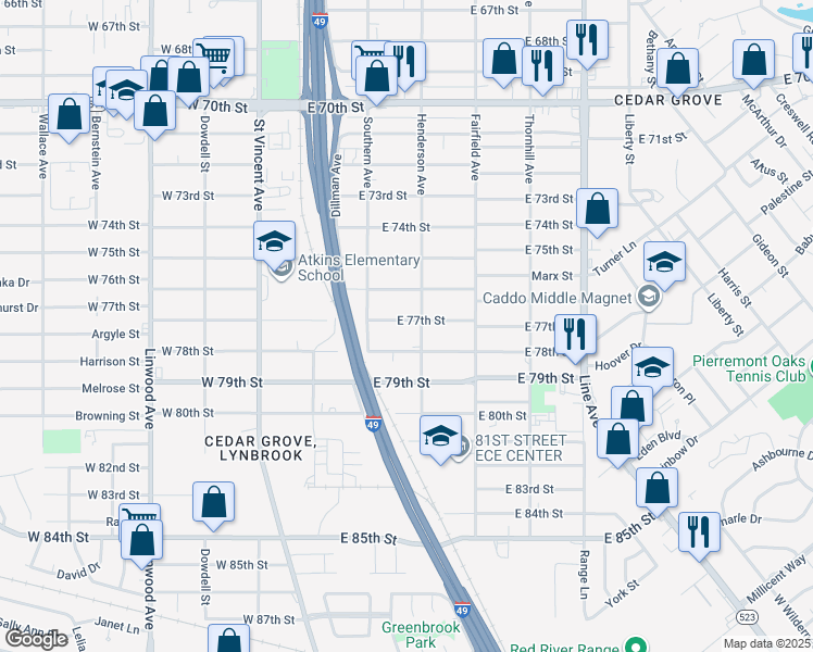 map of restaurants, bars, coffee shops, grocery stores, and more near 271 East 77th Street in Shreveport