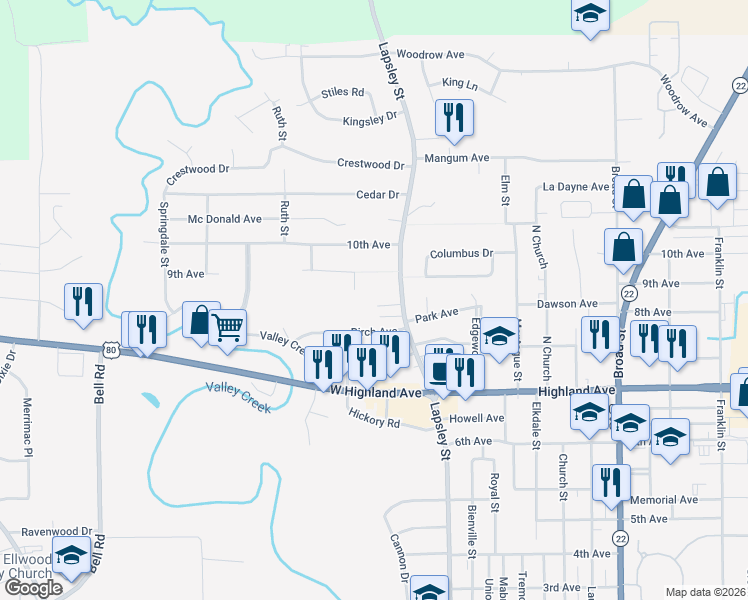map of restaurants, bars, coffee shops, grocery stores, and more near 2511 Summerfield Road in Selma