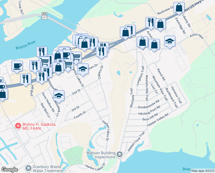 map of restaurants, bars, coffee shops, grocery stores, and more near 1622 Summerhill Court in Granbury