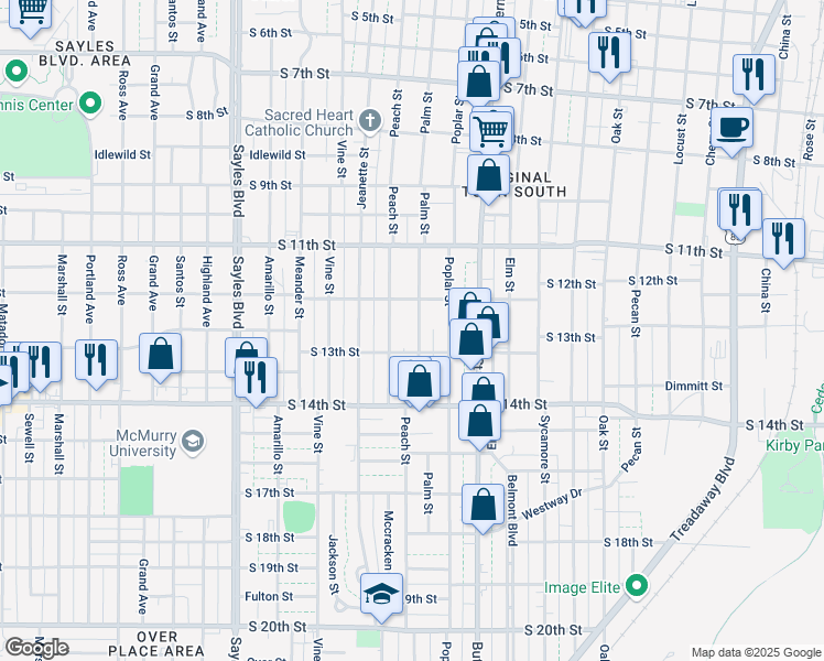 map of restaurants, bars, coffee shops, grocery stores, and more near 1250 Palm Street in Abilene
