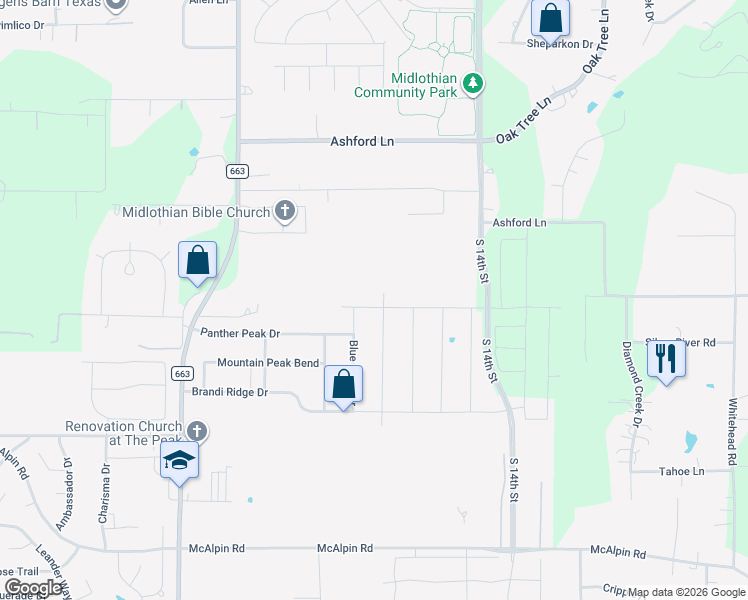 map of restaurants, bars, coffee shops, grocery stores, and more near 445 Rusty Run Drive in Midlothian
