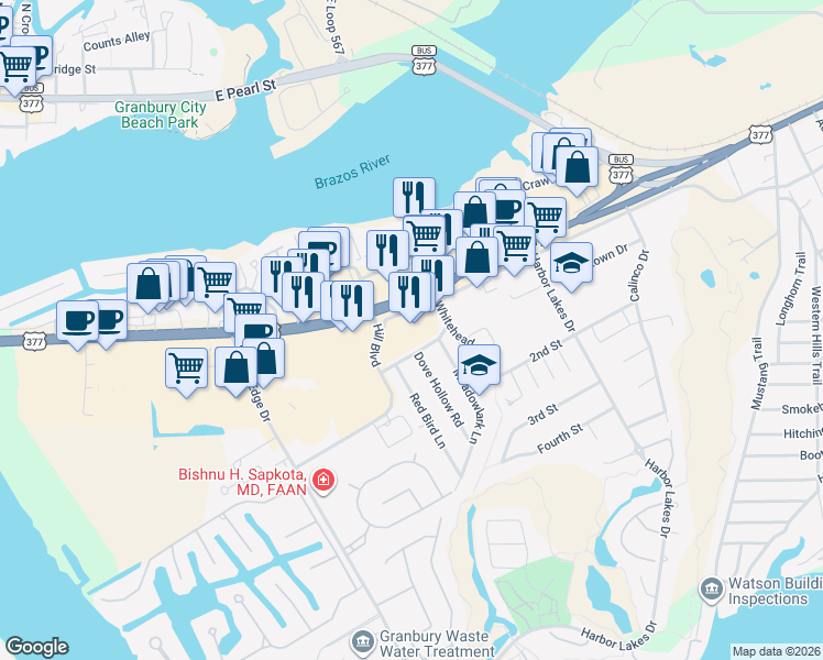 map of restaurants, bars, coffee shops, grocery stores, and more near 1151 U.S. 377 in Granbury