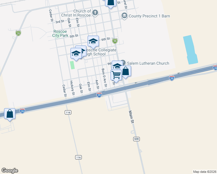 map of restaurants, bars, coffee shops, grocery stores, and more near 1021 Bois D Arc Street in Roscoe