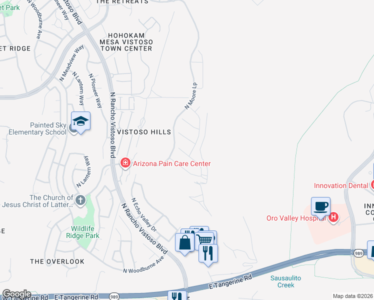 map of restaurants, bars, coffee shops, grocery stores, and more near 739 E Barun Valley Place in Oro Valley
