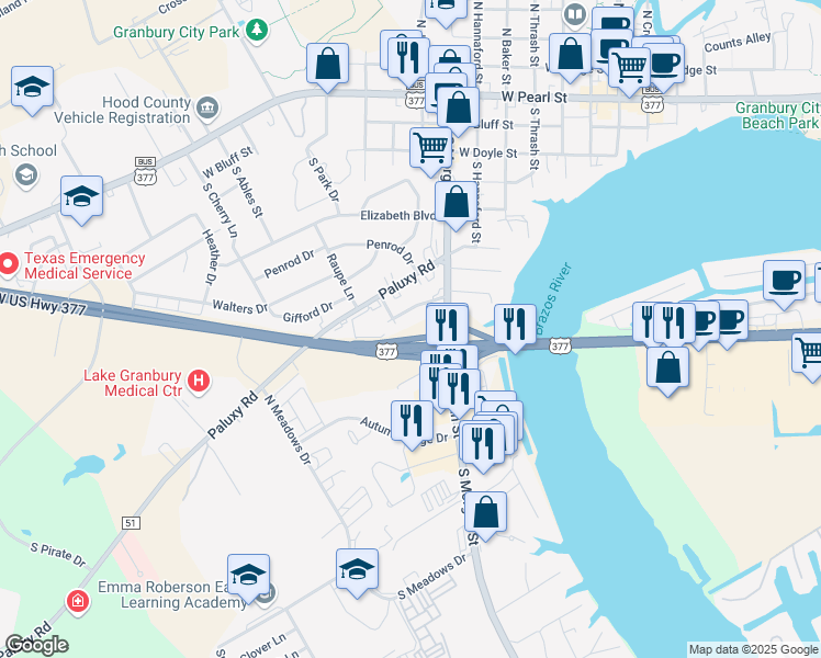 map of restaurants, bars, coffee shops, grocery stores, and more near 705 Spring Street in Granbury