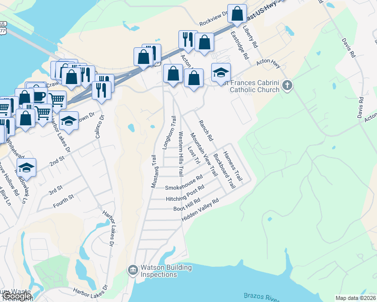 map of restaurants, bars, coffee shops, grocery stores, and more near 604 Lost Trail in Granbury