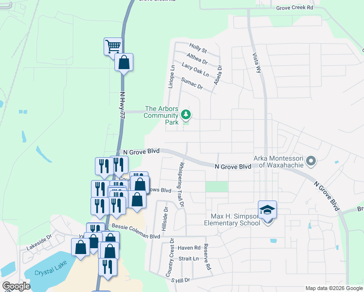 map of restaurants, bars, coffee shops, grocery stores, and more near 202 Hedgewood Drive in Waxahachie