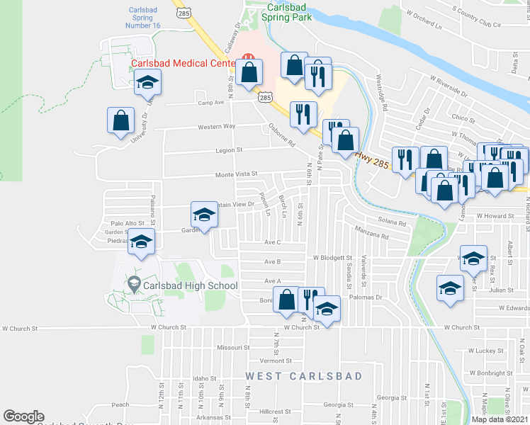 map of restaurants, bars, coffee shops, grocery stores, and more near 1017 Pinon Lane in Carlsbad