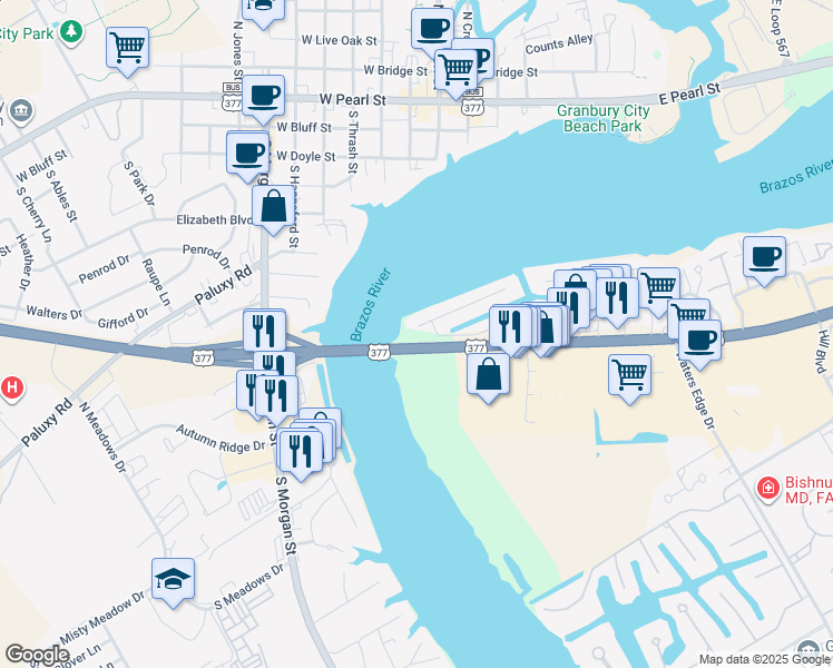 map of restaurants, bars, coffee shops, grocery stores, and more near 105 Bahama Court in Granbury