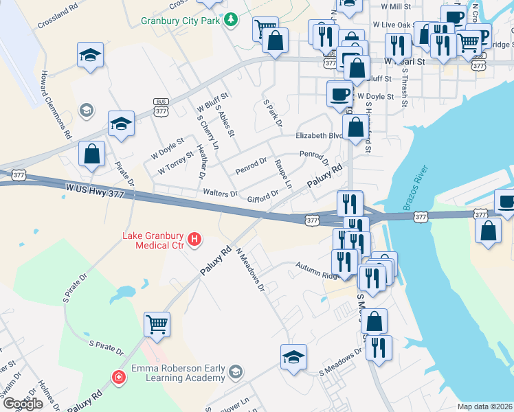 map of restaurants, bars, coffee shops, grocery stores, and more near 1113 Gifford Drive in Granbury