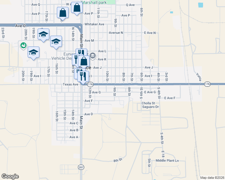 map of restaurants, bars, coffee shops, grocery stores, and more near 900 Avenue G in Eunice