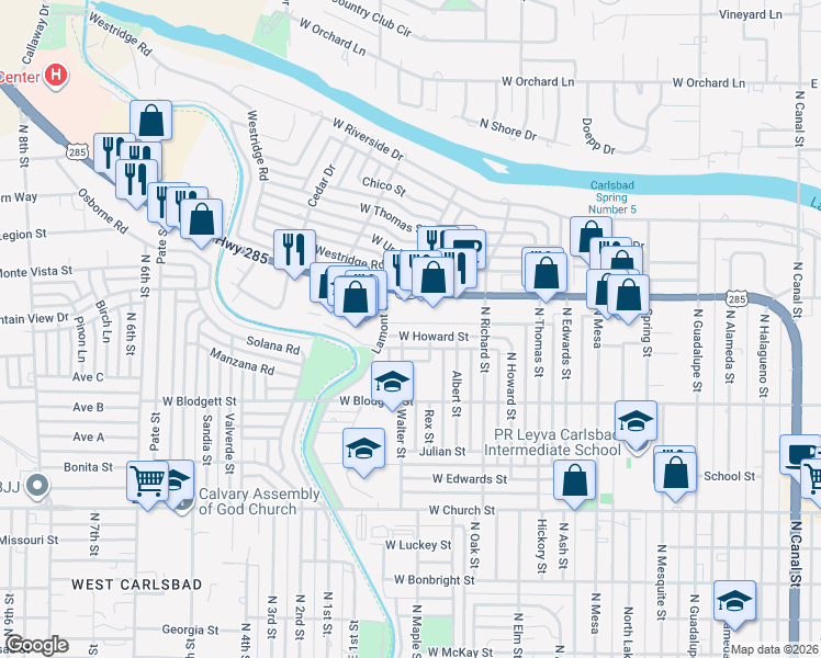 map of restaurants, bars, coffee shops, grocery stores, and more near 1408 West Howard Street in Carlsbad