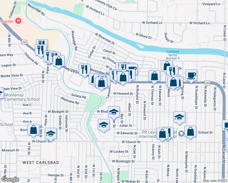 map of restaurants, bars, coffee shops, grocery stores, and more near 1502 West Howard Street in Carlsbad