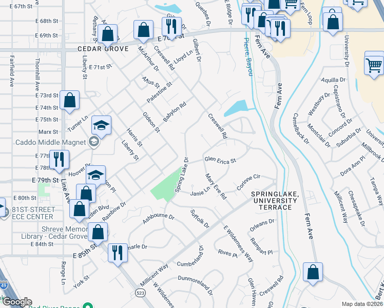 map of restaurants, bars, coffee shops, grocery stores, and more near 573 Spring Lake Drive in Shreveport
