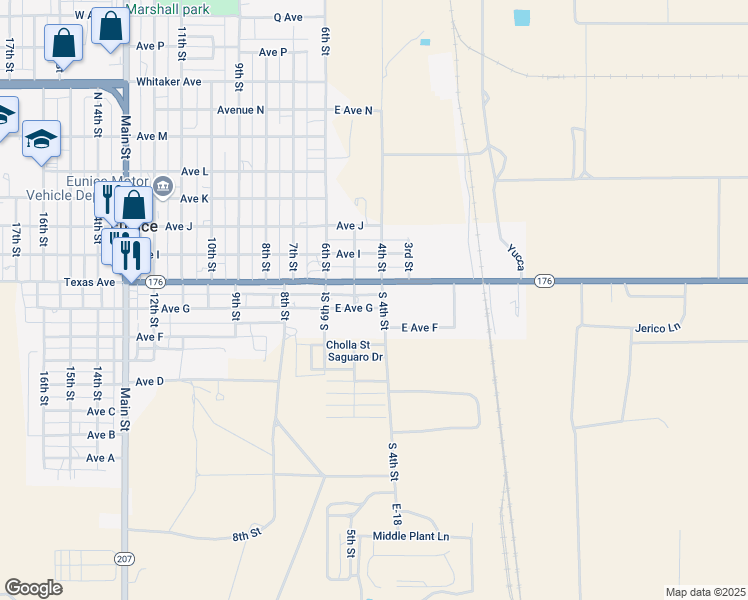 map of restaurants, bars, coffee shops, grocery stores, and more near 400-496 East Ave G in Eunice