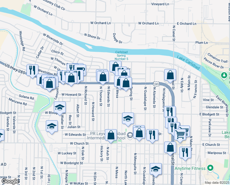 map of restaurants, bars, coffee shops, grocery stores, and more near 1054-1080 North Mesa Street in Carlsbad