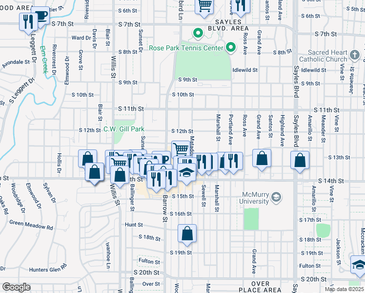 map of restaurants, bars, coffee shops, grocery stores, and more near 1250 Matador Street in Abilene
