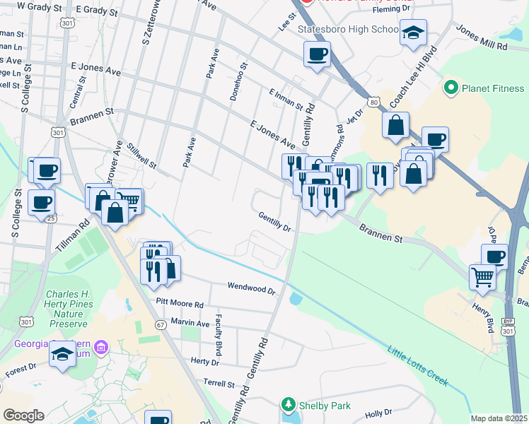 map of restaurants, bars, coffee shops, grocery stores, and more near 116 Gentilly Drive in Statesboro
