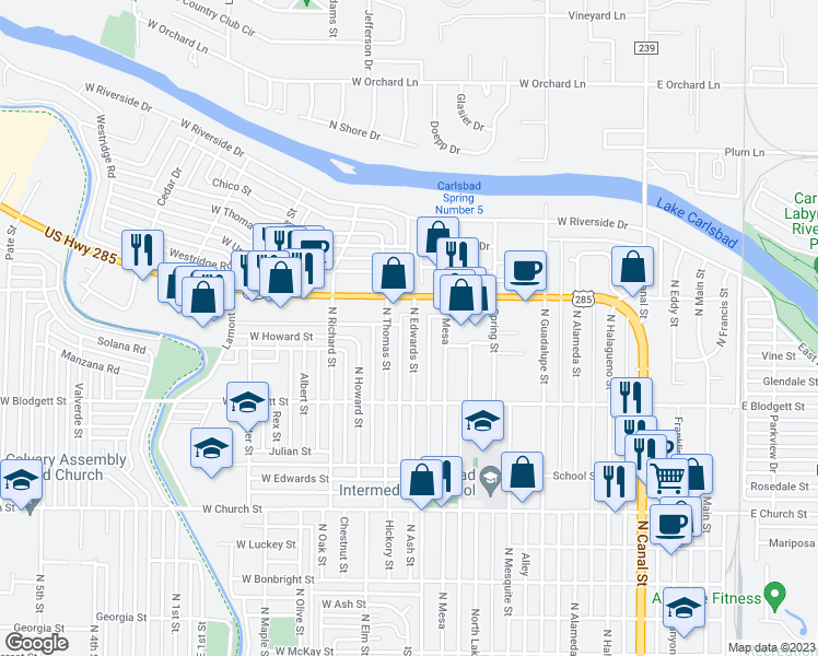 map of restaurants, bars, coffee shops, grocery stores, and more near 1029 North Edwards Street in Carlsbad