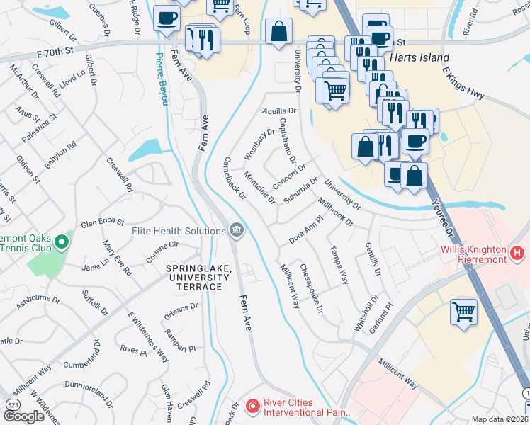 map of restaurants, bars, coffee shops, grocery stores, and more near 7457 Camelback Drive in Shreveport