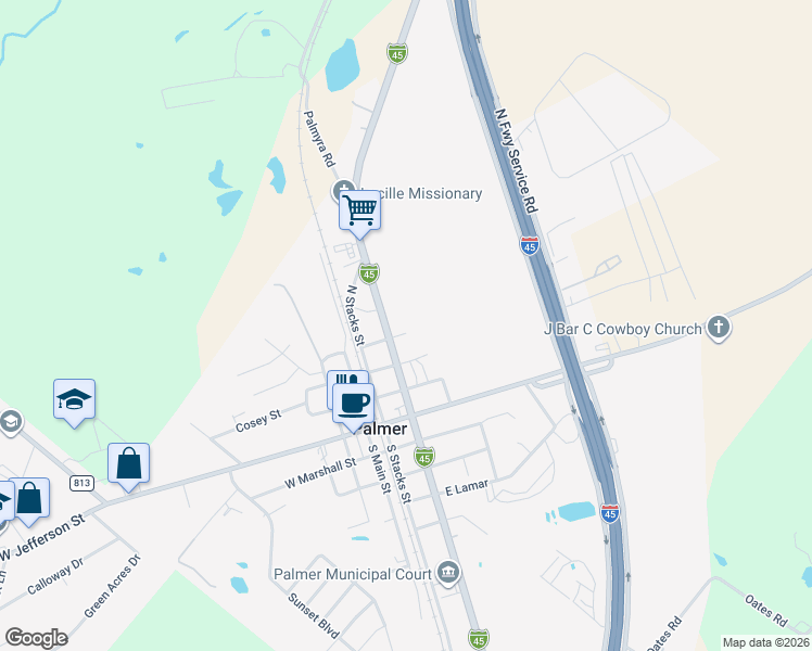 map of restaurants, bars, coffee shops, grocery stores, and more near 208 East Canton Street in Palmer