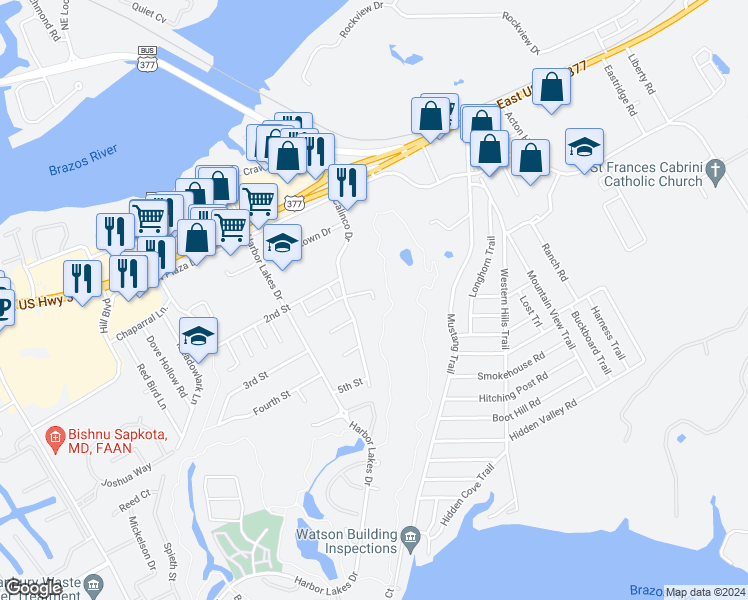map of restaurants, bars, coffee shops, grocery stores, and more near 1627 Summerhill Court in Granbury