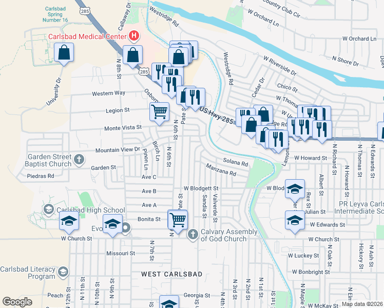 map of restaurants, bars, coffee shops, grocery stores, and more near 1025 Alamosa St in Carlsbad