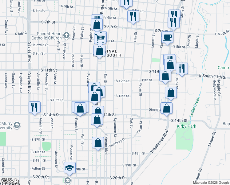 map of restaurants, bars, coffee shops, grocery stores, and more near 1250 Sycamore Street in Abilene