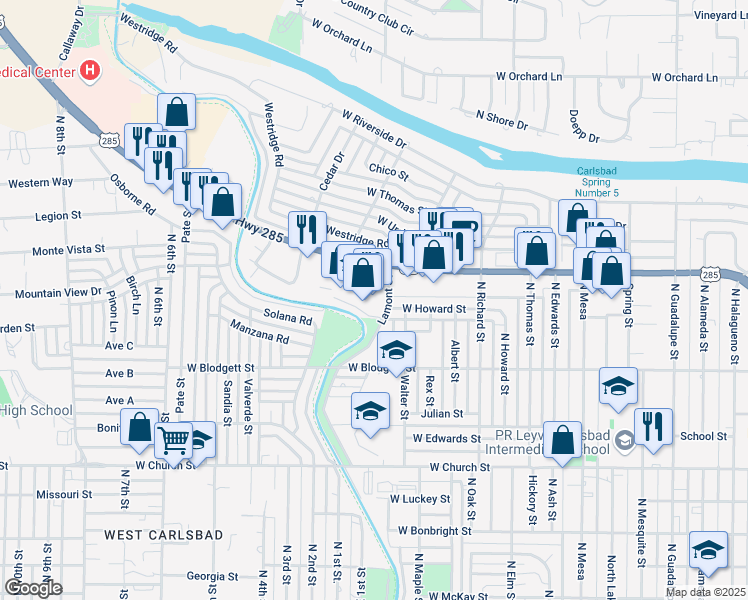 map of restaurants, bars, coffee shops, grocery stores, and more near 1479 West Pierce Street in Carlsbad