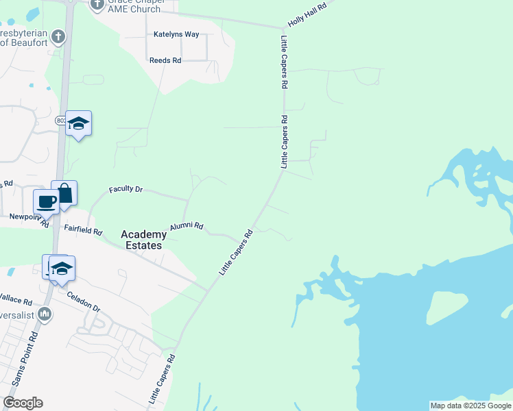 map of restaurants, bars, coffee shops, grocery stores, and more near 163 Little Capers Road in Beaufort