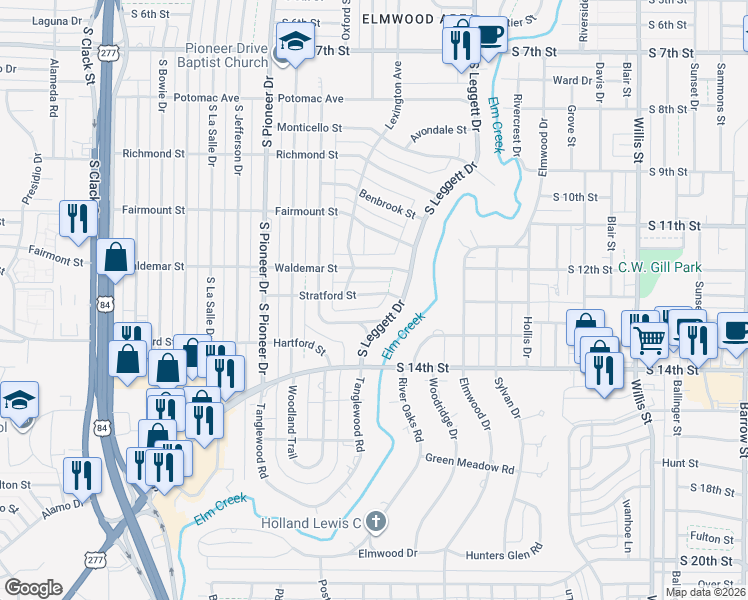 map of restaurants, bars, coffee shops, grocery stores, and more near 4041 Stratford Street in Abilene