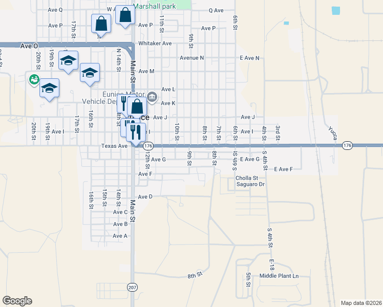 map of restaurants, bars, coffee shops, grocery stores, and more near 900-998 Ave G in Eunice