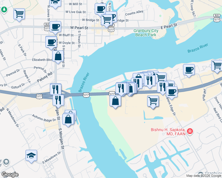 map of restaurants, bars, coffee shops, grocery stores, and more near 300 Tahiti Drive in Granbury