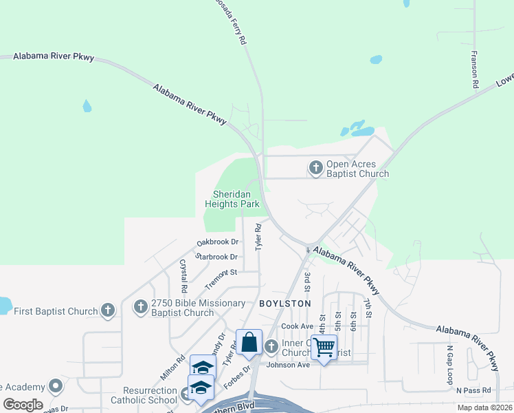 map of restaurants, bars, coffee shops, grocery stores, and more near 3261 Alabama River Parkway in Montgomery