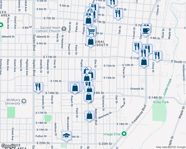 map of restaurants, bars, coffee shops, grocery stores, and more near 1258 Elm Street in Abilene