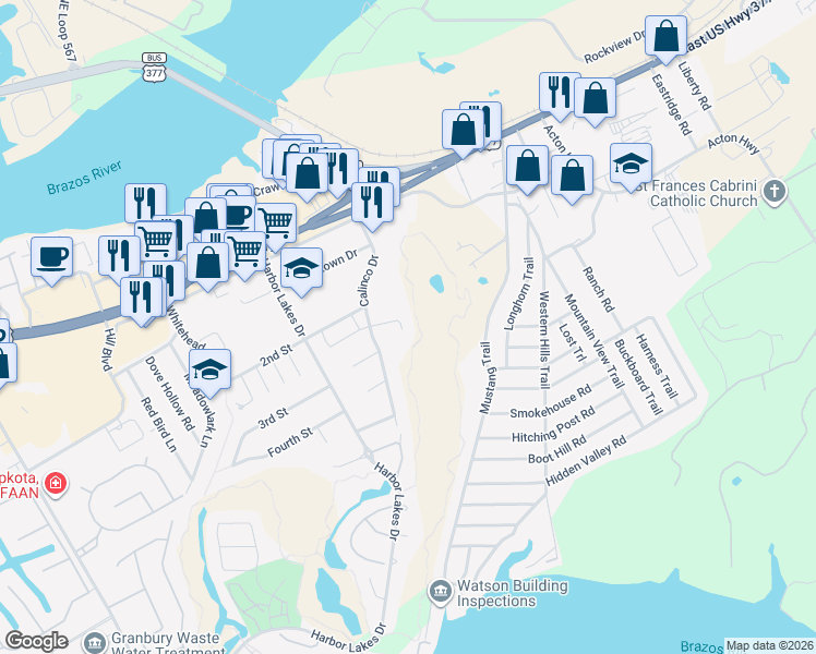 map of restaurants, bars, coffee shops, grocery stores, and more near 1630 Summerhill Court in Granbury