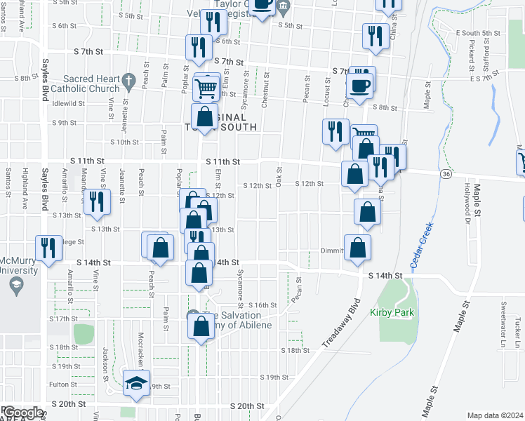 map of restaurants, bars, coffee shops, grocery stores, and more near 1265 Chestnut Street in Abilene