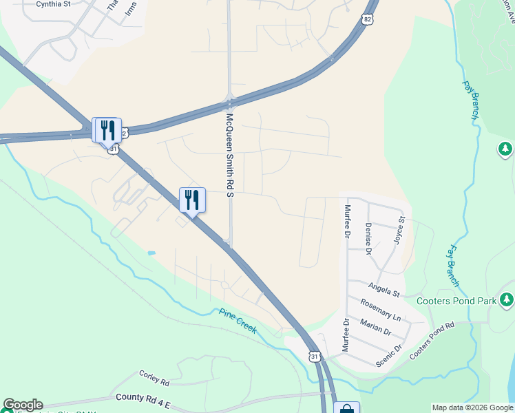 map of restaurants, bars, coffee shops, grocery stores, and more near 1665 McQueen Smith Road South in Prattville