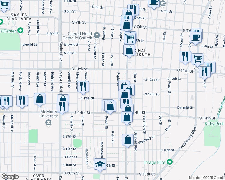 map of restaurants, bars, coffee shops, grocery stores, and more near 1233 Palm Street in Abilene