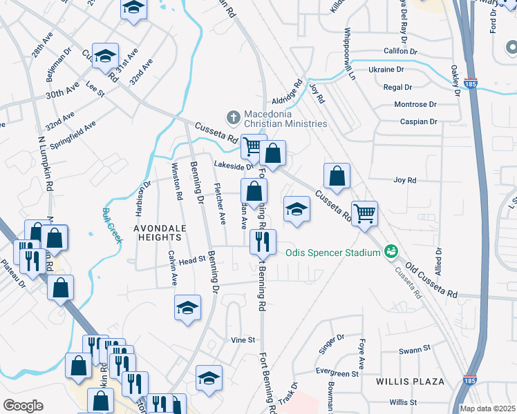 map of restaurants, bars, coffee shops, grocery stores, and more near 931 Fort Benning Road in Columbus