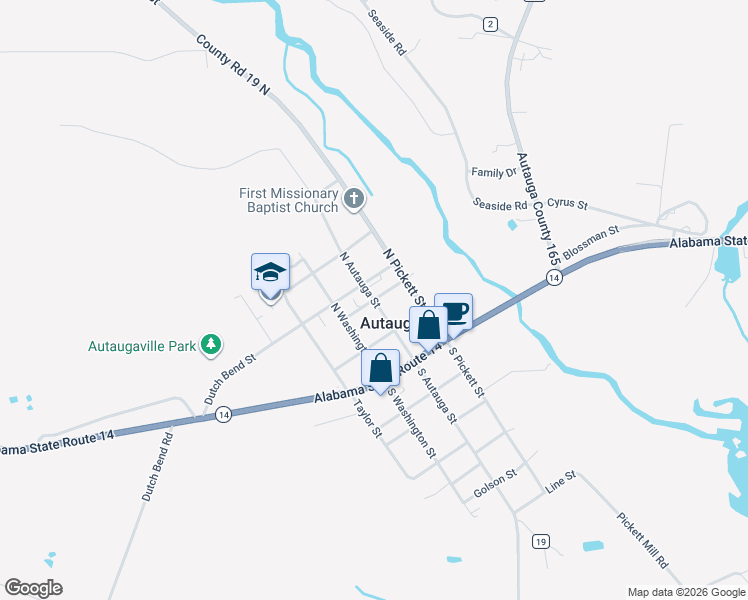map of restaurants, bars, coffee shops, grocery stores, and more near 2501 Tyus Street in Autaugaville