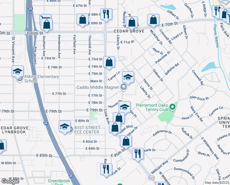 map of restaurants, bars, coffee shops, grocery stores, and more near 634 Terrell Drive in Shreveport