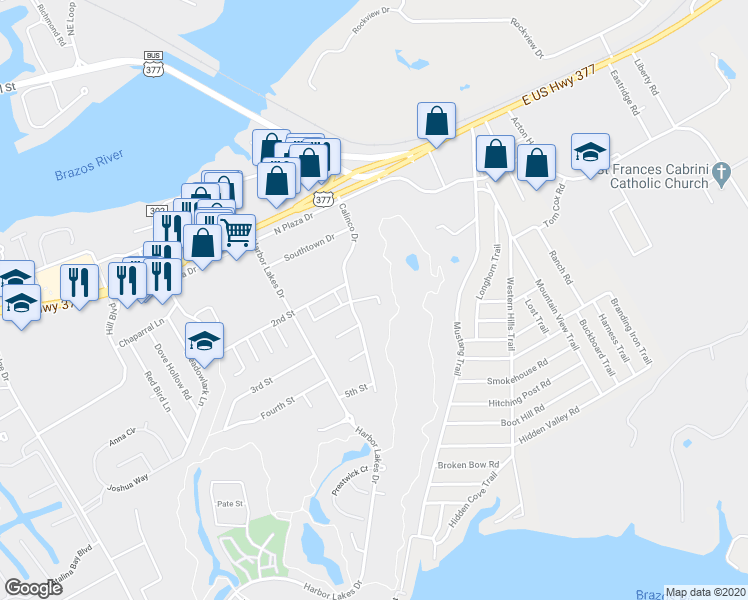 map of restaurants, bars, coffee shops, grocery stores, and more near 1647 Summerhill Court in Granbury