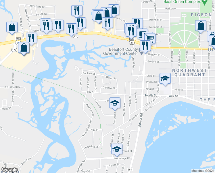 map of restaurants, bars, coffee shops, grocery stores, and more near 2713 Oaklawn Avenue in Beaufort