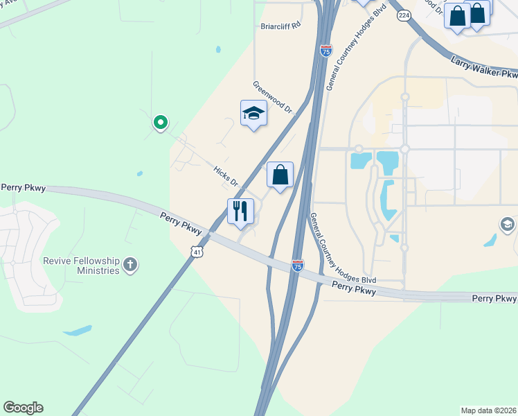 map of restaurants, bars, coffee shops, grocery stores, and more near 110 Fairview Dr in Perry