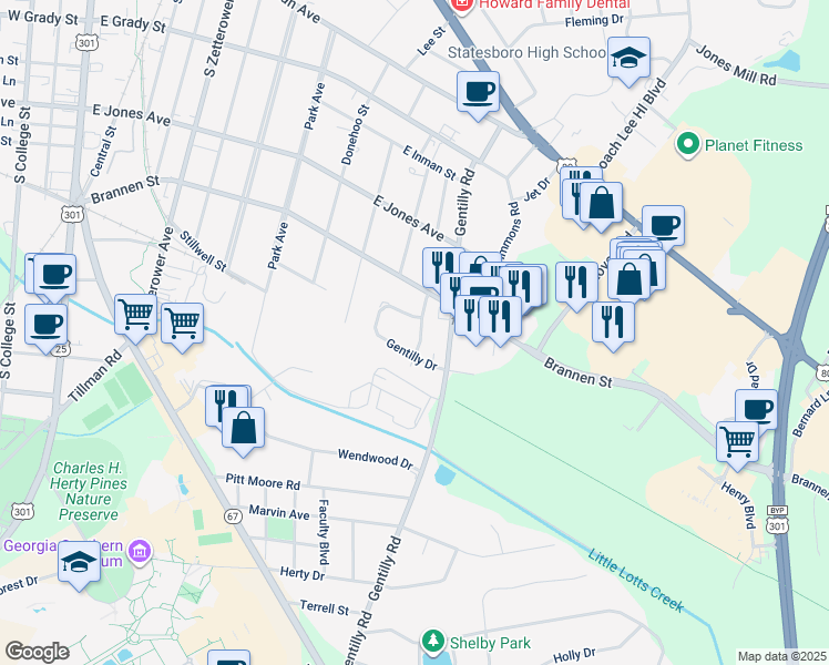 map of restaurants, bars, coffee shops, grocery stores, and more near 109 Prince Way in Statesboro