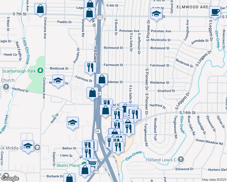 map of restaurants, bars, coffee shops, grocery stores, and more near 1337 South Bowie Drive in Abilene